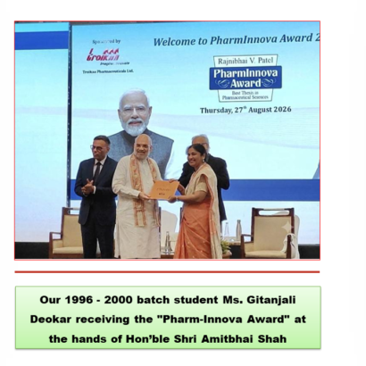 Ms. Gitanjali Deokar receives “Pharm-Innova Award” from Hon’ble Shri Amitbhai Shah.